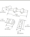 Diagram of Solid Brass Dutch Door Bolt, 4 Inch, Antique Brass, Mounting Hardware Included, showing dimensions and components.