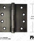 Solid Brass Door Hinge With Ball Bearing Mechanism Polished Pewter Finish, 4x4 Inch, Heavy Duty, showing front view detailing holes and hinge.
