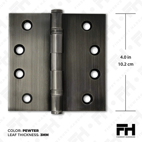 Solid Brass Door Hinge With Ball Bearing Mechanism Polished Pewter Finish, 4x4 Inch, Heavy Duty, showing front view detailing holes and hinge.