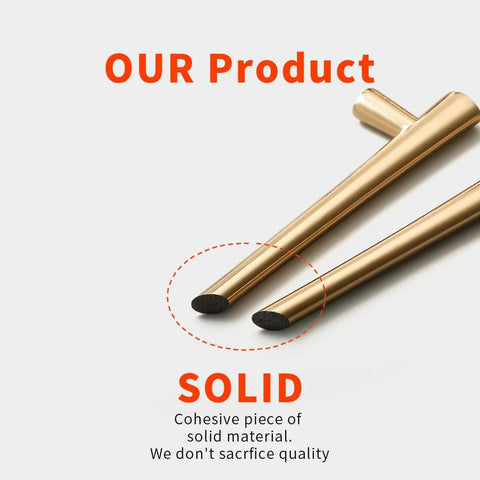 Close-up of modern 5 pack round polished brass kitchen drawer knobs, bright gold cabinet pulls with solid construction.