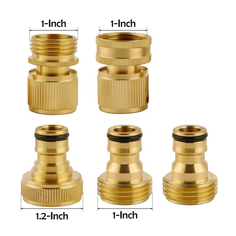 Solid Brass Garden Hose Quick Connect Kit Three Quarter Inch GHT Threads, Five Piece Set With Three Male And Two Female Connectors