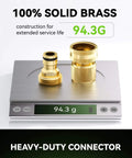 Solid Brass Garden Hose Quick Connect Fittings on scale showing weight of 94.3g, highlighting heavy-duty solid brass construction.