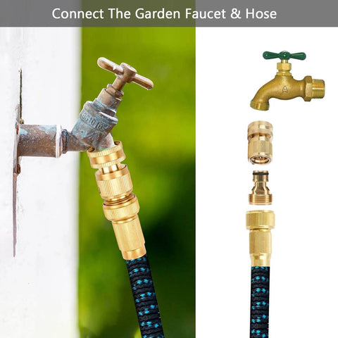 Solid Brass Garden Hose Quick Connectors Set Three Quarter Inch Thread Easy Connect No Leak Universal Fit For Hoses Faucets Pressure Washers And Watering Devices Six Piece Set installed on outdoor faucet