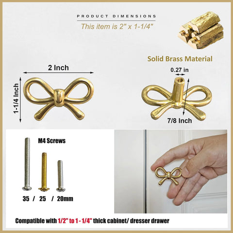 2 Pack Solid Brass Bow Drawer Knobs In Gold, Vintage Cabinet Hardware For Kitchen, with screws and installation.