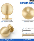 One Inch Gold Ball Cabinet Knobs Set Crafted From Solid Brass With Hand Brushed Finish, featuring dimensions and weight details