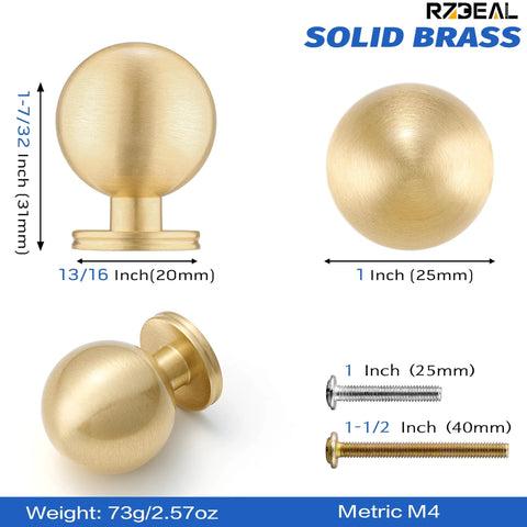 One Inch Gold Ball Cabinet Knobs Set Crafted From Solid Brass With Hand Brushed Finish, featuring dimensions and weight details
