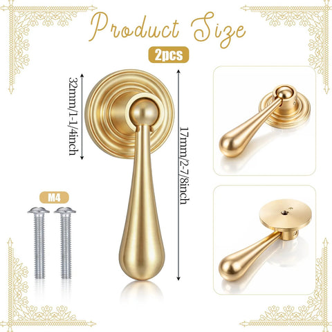Two Pack Solid Brass Cabinet Knobs And Tear Drop Pendant Pulls In Brushed Gold Finish with mounting screws shown in detail view