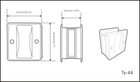 Technical drawing of Solid Brass Sliding Door Pull For Passage Doors Pocket Door Hardware In Polished Brass Finish, 4 Pack With Mounting Hardware And Installation Instructions, Dimensions 2-3/4 In Long, 2-1/2 In Wide, 1-3/8 In Deep, Made In Taiwan, showing multiple views of the product.