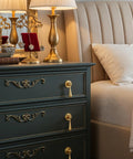 Two Pack Solid Brass Cabinet Knobs And Tear Drop Pendant Pulls In Brushed Gold Finish on drawer in bedroom setting