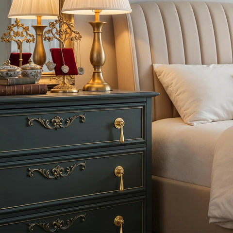 Two Pack Solid Brass Cabinet Knobs And Tear Drop Pendant Pulls In Brushed Gold Finish on drawer in bedroom setting