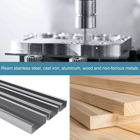 Chucking Reamer 1mm H7 Solid Carbide Lathe Machine Reamer With 3 Straight Flutes And Straight Shank Milling Cutter Tool For Metal And Wood Hole Reaming Pro Grade, showing metal and wood materials being reamed.