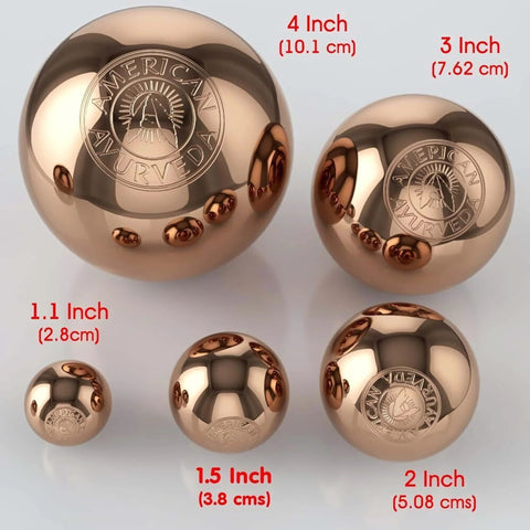 Various sizes of solid copper spheres, featuring a highlighted 1.5 Inch Pure Solid Copper Ball 2 Pack Sphere Orb Approx 1.5 Inch or 3.8 cms Dia Mineral Crystal Mental Agility Grounding Movement Therapy.