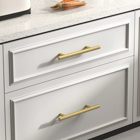 Solid Iron Cabinet Pulls 3 Inch Matte Gold Handles on white kitchen drawers