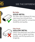 Comparison of Big Wheel Barn Door Hardware Kit with solid metal and other brands with hollow metal, highlighting durability.