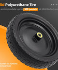 Close-up of 13 inch solid polyurethane tire, resistant to tearing, with 5/8 inch axle bore, part of 4 Pack 13 Inch Flat Free Solid Tire and Wheel.