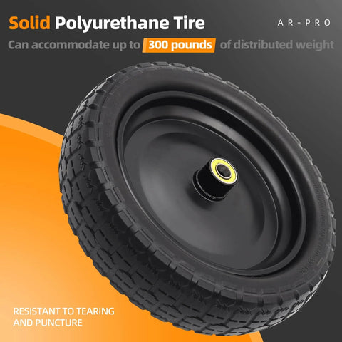 Close-up of 13 inch solid polyurethane tire, resistant to tearing, with 5/8 inch axle bore, part of 4 Pack 13 Inch Flat Free Solid Tire and Wheel.