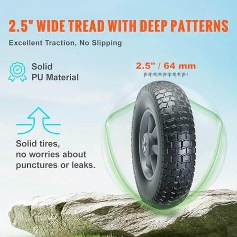 ✝️ (2-pack) 10" x 2.5" solid rubber tire wheels showing wide tread pattern and excellent traction details