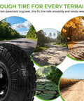 10 Inch 13 Inch and 16 Inch Flat Free PU Tire 2 Pack solid rubber replacement wheels with steel hub shown on various terrains.