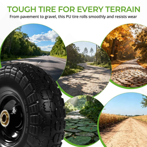 10 Inch 13 Inch and 16 Inch Flat Free PU Tire 2 Pack solid rubber replacement wheels with steel hub shown on various terrains.