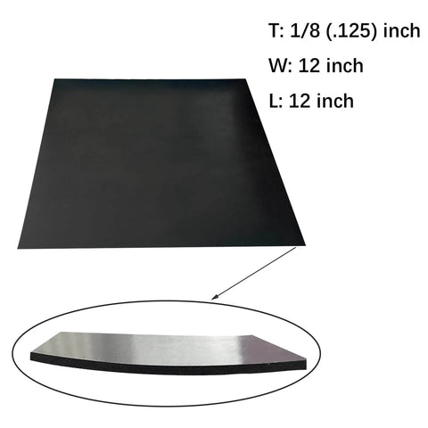 Solid Rubber Sheet Roll 1/8 Inch Thick 12x12 Inch With Adhesive Backing, shown with measurements and side view detail.