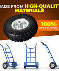 2 Pack 10 Inch Solid Rubber Tire Wheels with steel rim and 5/8 inch bearings, demonstrated on blue hand trucks and dollies