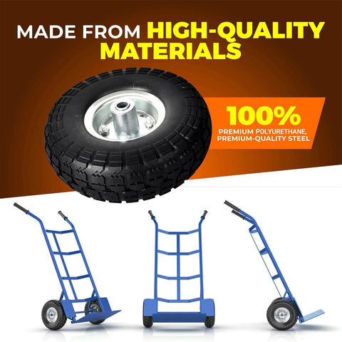2 Pack 10 Inch Solid Rubber Tire Wheels with steel rim and 5/8 inch bearings, demonstrated on blue hand trucks and dollies