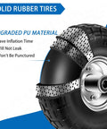 4.10/3.50-4 Flat Free 10 Inch Solid Tires and Wheels Replacement with 5/8 Inch Axle Bore, featuring upgraded PU material.