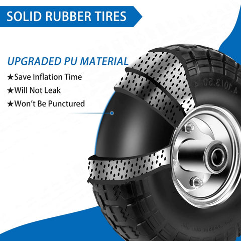 4.10/3.50-4 Flat Free 10 Inch Solid Tires and Wheels Replacement with 5/8 Inch Axle Bore, featuring upgraded PU material.