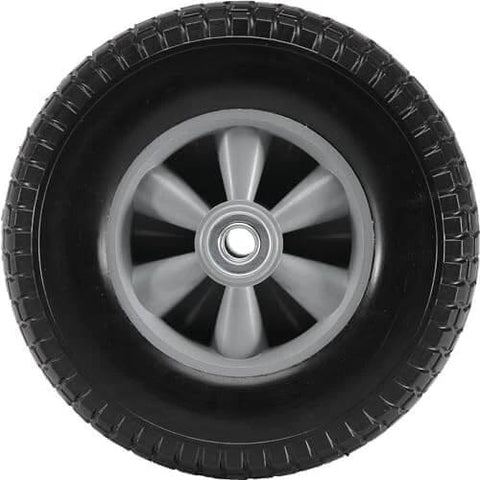 Alt Tag: Front view of 2-pack 10" x 2.5" solid rubber tire wheels, 10 inch tire and wheel flat free with 5/8" bearings, 2.1" offset hub.