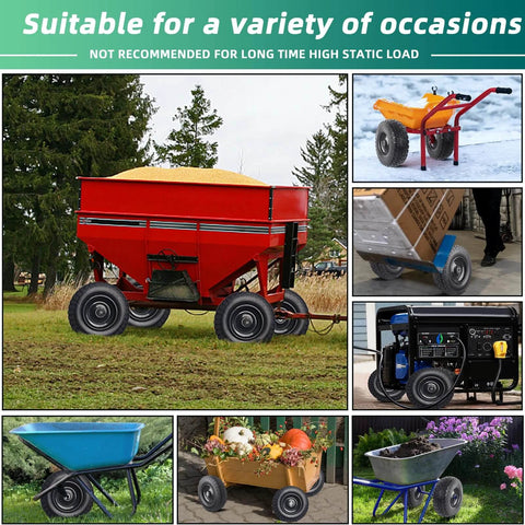 Collage of garden carts, wheelbarrows with 12 Inch Flat Free Solid Rubber Tire and Wheel Set, 410/350-6 Polyurethane Replacement Wheels