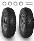 Pair of solid rubber tires and wheels, 10 inch flat free tubeless wheels with 5/8" axle bore hole, 2.1" offset hub, includes pins and washers