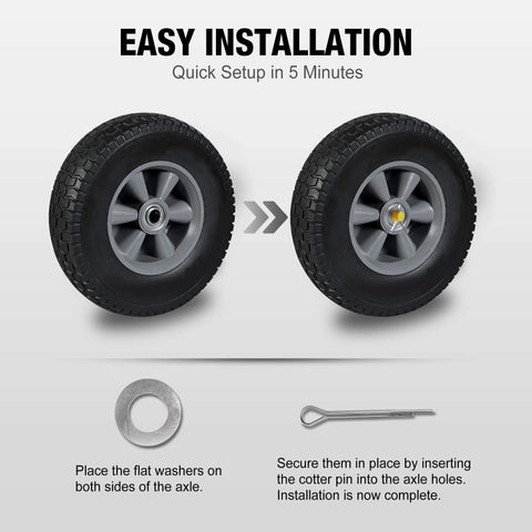 Installation guide for solid rubber tires and wheels, 10 inch flat free tubeless with 5/8" axle bore hole and 2.1" offset hub.