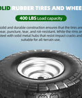 Solid rubber tire and wheel with 400 lbs load capacity, showcasing durable construction and steel hub for all-terrain use.