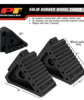 All Weather Solid Rubber Wheel Chock With Oil Resistant Traction Pad For Cars Travel Trailers RVs Trucks And ATVs Built For Maximum Grip In Any Climate By Performance Tool. Black rubber wheel chock, 45° slope.