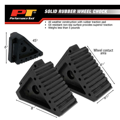 All Weather Solid Rubber Wheel Chock With Oil Resistant Traction Pad For Cars Travel Trailers RVs Trucks And ATVs Built For Maximum Grip In Any Climate By Performance Tool. Black rubber wheel chock, 45° slope.