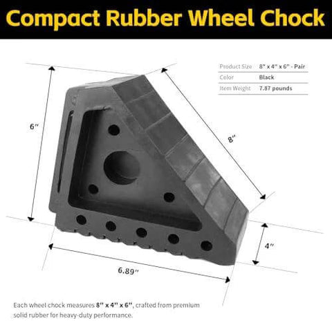 Solid Rubber Wheel Chocks 8 By 4 By 6 Inches 2 Pack With Built In Handle All Weather Non Slip Pads, dimension details shown