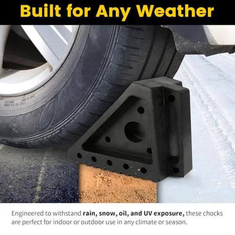 Solid Rubber Wheel Chocks 8 By 4 By 6 Inches 2 Pack With Built In Handle placed against vehicle wheel in all-weather setting.