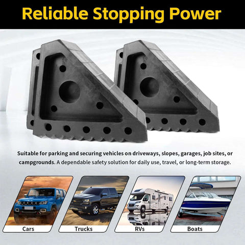 Solid Rubber Wheel Chocks 8 By 4 By 6 Inches 2 Pack With Built In Handle All Weather Non Slip Pads for vehicle stability