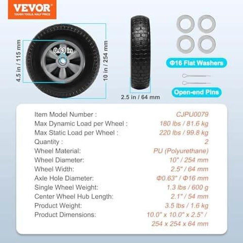 ✝️ (2-pack) 10" x 2.5" solid rubber tire wheels product details, showing wheel dimensions, load capacity, and specifications chart
