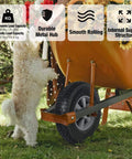 ✝️ Solid rubber tires and wheels, 10 inch flat free tubeless wheels on wheelbarrow, 5/8" axle bore hole showcased in garden
