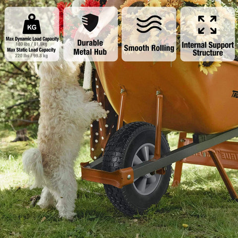 ✝️ Solid rubber tires and wheels, 10 inch flat free tubeless wheels on wheelbarrow, 5/8" axle bore hole showcased in garden