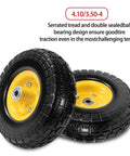 10" solid rubber tires and yellow wheels 4.10/3.50-4 flat free tire with 5/8" bearings, shown in a pair, for carts and wheelbarrows