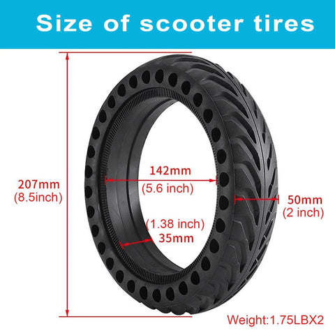 Solid Tires 8.5x2 Inches for Electric Scooter, 50/75-6.1Replacement Wheels, Rubber Tyre 8-1/2'' with dimensions labeled in inches and mm.