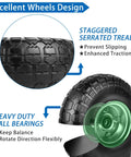 4.10/3.50-4 Flat Free 10 Inch Solid Tires and Wheels Replacement showing staggered tread and heavy-duty ball bearings design.