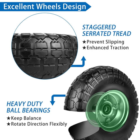 4.10/3.50-4 Flat Free 10 Inch Solid Tires and Wheels Replacement showing staggered tread and heavy-duty ball bearings design.