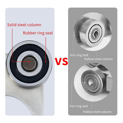 Comparison of bearing designs in 2 Wheel Trolley Assembly Rollers with Bearing Design and Set Screw Clearance Built for 1-5/8 Inch Strut Channels