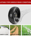 13" flat free tires compatible with Gorilla Carts showing tread pattern for cement, muddy, gravel roads.