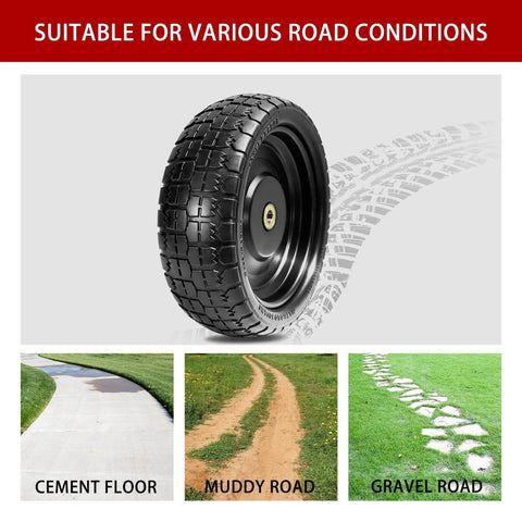 13" flat free tires compatible with Gorilla Carts showing tread pattern for cement, muddy, gravel roads.