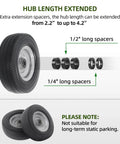 8 Inch Solid Wheel Replacement 2 Pack with 2.50-4 Flat Free Tire and Wheel, showing hub length extension spacers