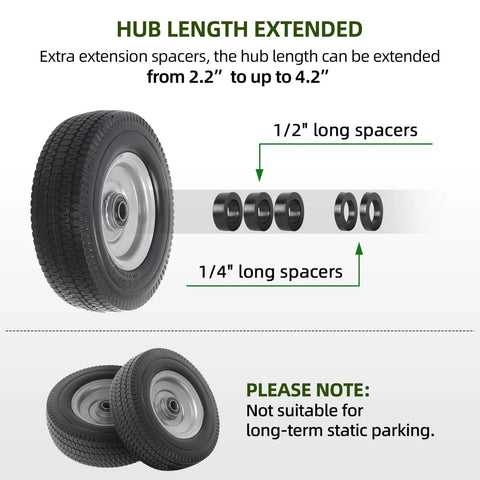 8 Inch Solid Wheel Replacement 2 Pack with 2.50-4 Flat Free Tire and Wheel, showing hub length extension spacers